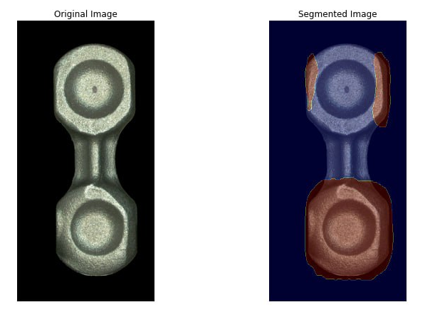 Original automotive component beside an AI segmentation showing detected defects